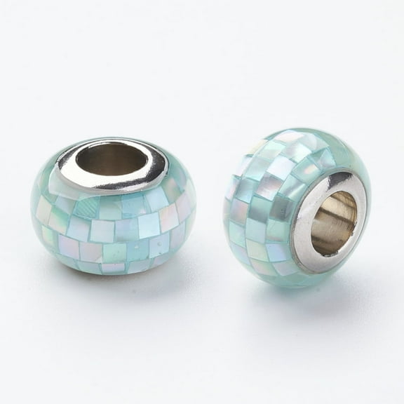 304 Stainless Steel Resin European Beads with Shell and Enamel Rondelle Large Hole Beads Turquoise