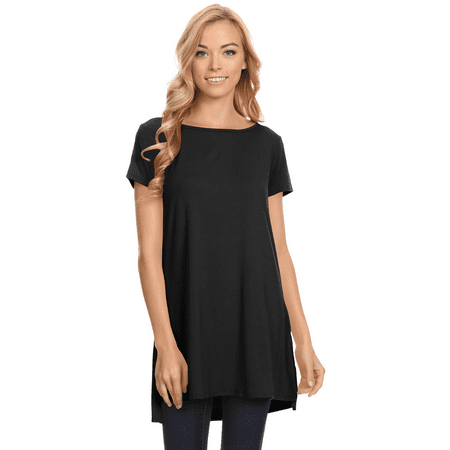 - Womens Solid Side-Slit Short Sleeve and Sleeveless Round Neck Tunic Top