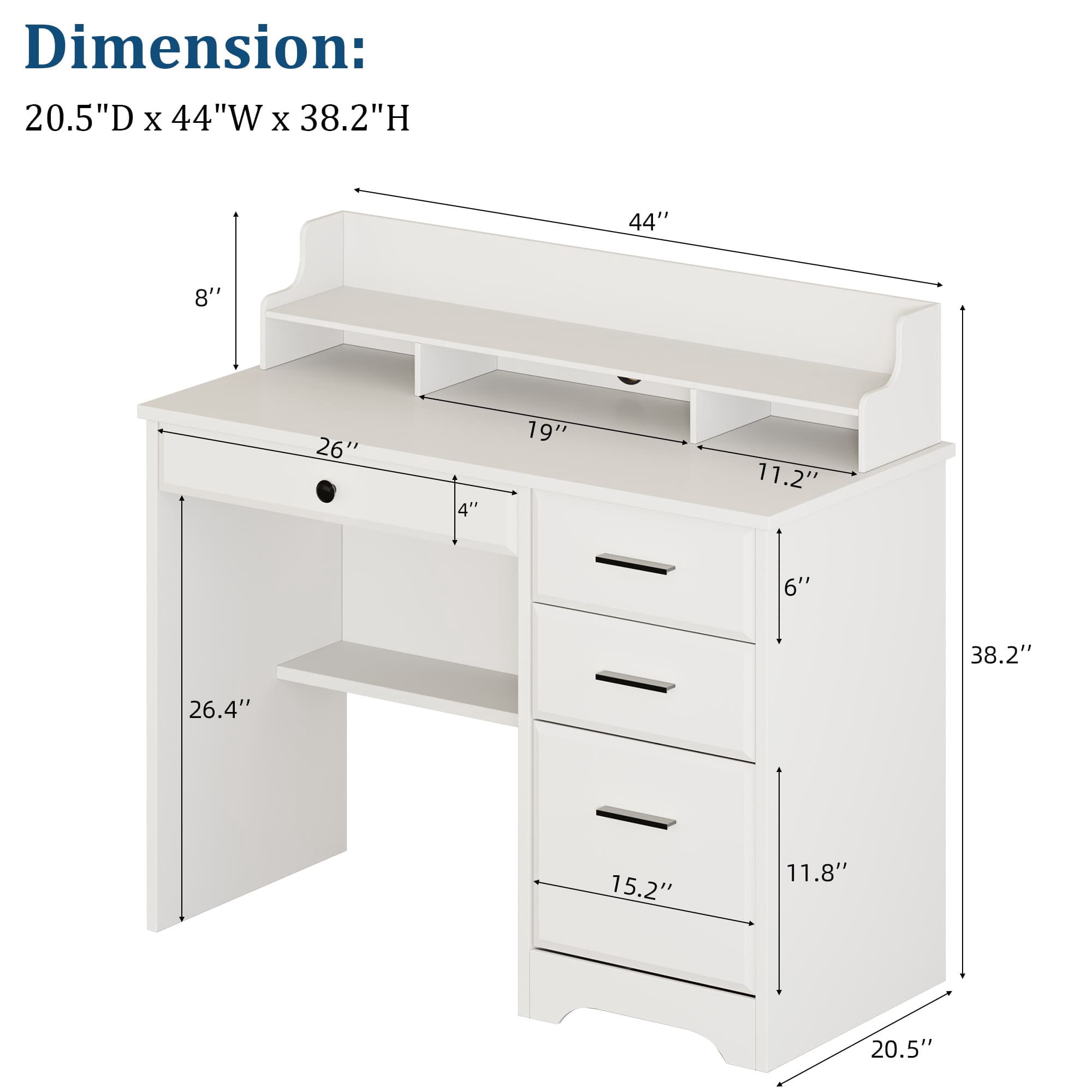 4 EVER WINNER White Home Office Computer Desk with 4 Drawers & Hutch, Modern Wood Study Writing Table for Bedroom, Home Office Furniture with Ample Storage Space