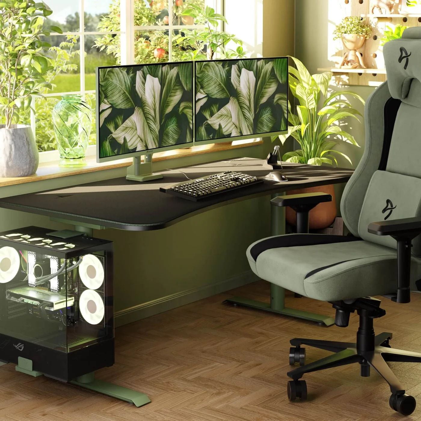 Arozzi Arena Ultrawide Curved Gaming and Office Desk with Full Surface Water Resistant Desk Mat with 3 Custom Monitor Mount Cut Outs and Under The Desk Cable Management Netting - Forest Green