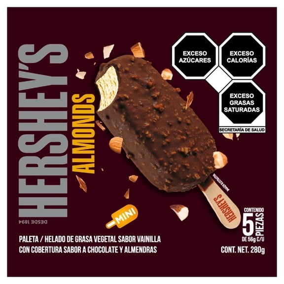 Caja de paletas Hershey's sabor vainilla cubierta de chocolate y almendra 5 pzas de 56 g c/u