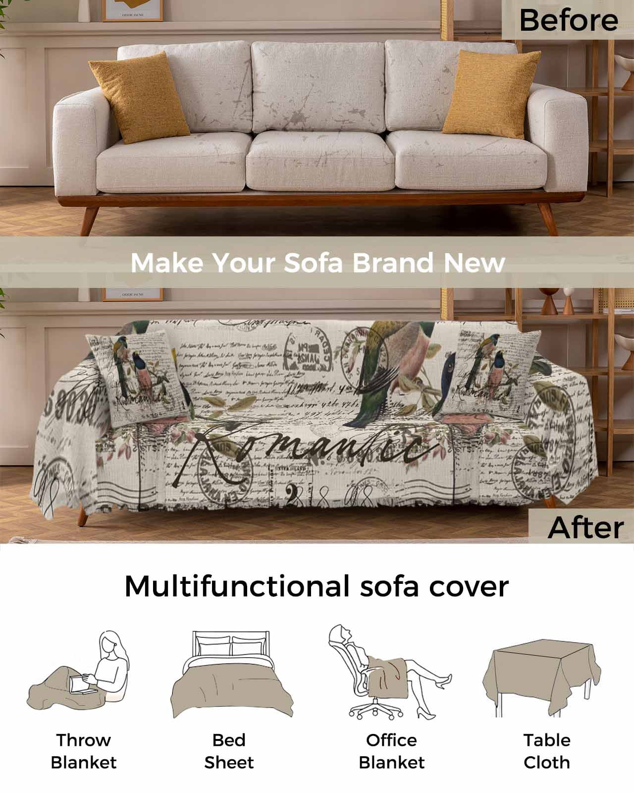 Vintage Birds Couch Cover Sofa Covers 3 Cushion Sectional Couch, Country Envelope Postmark Farmhouse Botancial Washable Sofa Covers Slipcover Sectional Sofa Cover, Furniture Protector 71"x150"
