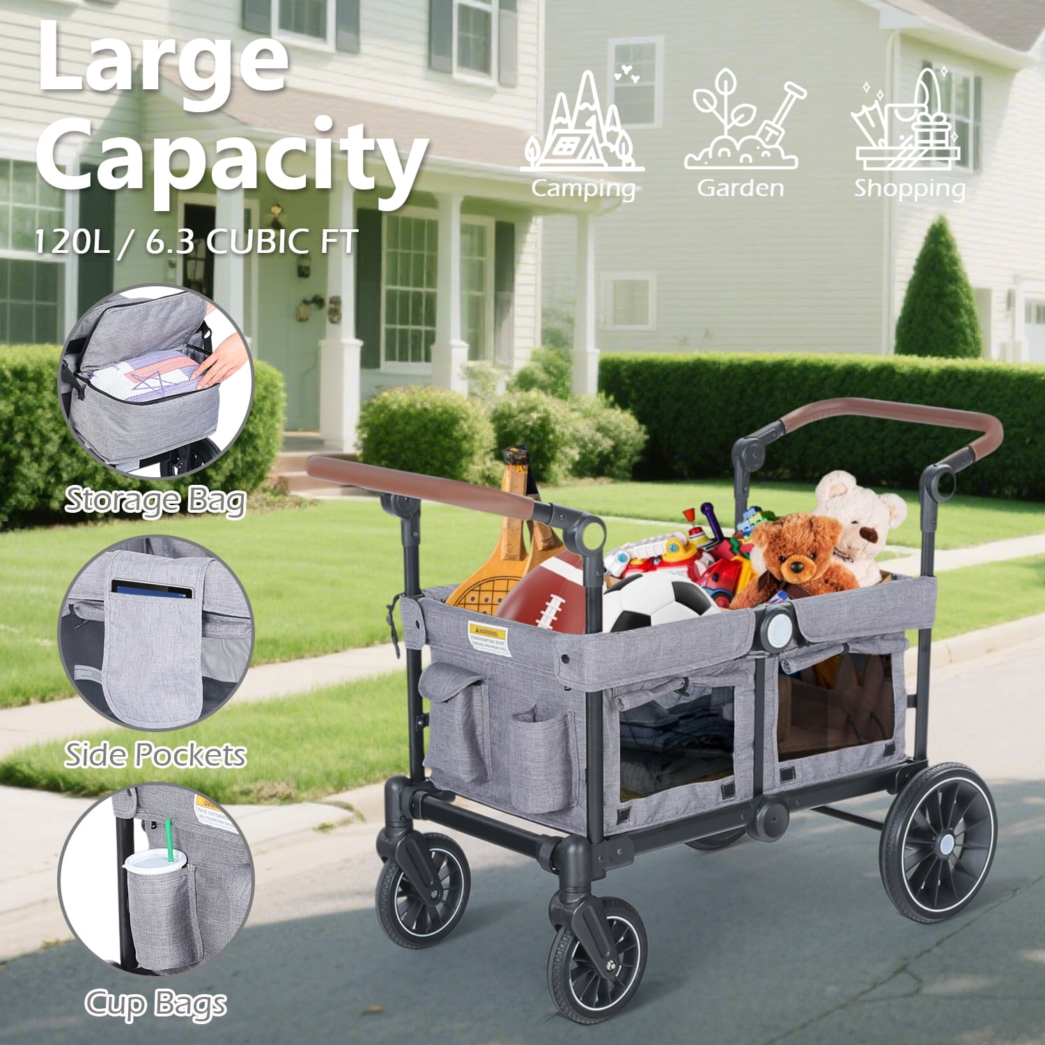 LINLUX Toddler Wagon Stroller, All Terrian Baby Stroller Wagon, Fodable Kids Wagon 2 Seats, Grey