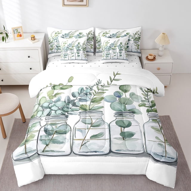 Spring Green Leaves Comforter Set King Size,Botanical Leaves Bedding Set for Kids Teens,Eucalyptus Leaf (Comforter+Fitted+Flat Sheet+2 Pillowcases+2 Throw Pillow Covers) 7 Pieces Bed Set