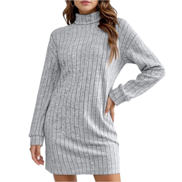 ribbed knit pencil dress Stichou Women's Turtleneck Ribbed Knit Pencil Dress Long Sleeve Elegant  Bodycon Business Office Mini Dress Light Gray XL