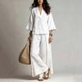 thumbnail image 5 of Women Two Piece Set 3/4 Sleeve V Neck Tops and High Waist Wide Leg Pants with Contrast Hem Summer Cotton Linen Outfits, M, 5 of 5