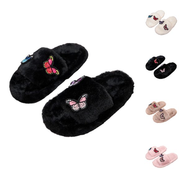 GPOECD Girls Slippers Kids Open Toe Cute Floral Decorated Warm Soft Non Indoor for Toddlers Multiple Colors Fuzzy Slippers Cozy Home Wear