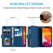 iPhone 13 Case, TECHCIRCLE Zipper 9 Card Slots Wallet Cover Flip Kickstand Magnetic PU Leather Shockproof Case with Pocket/Strap for Apple iPhone 13 6.1 2021, Darkblue