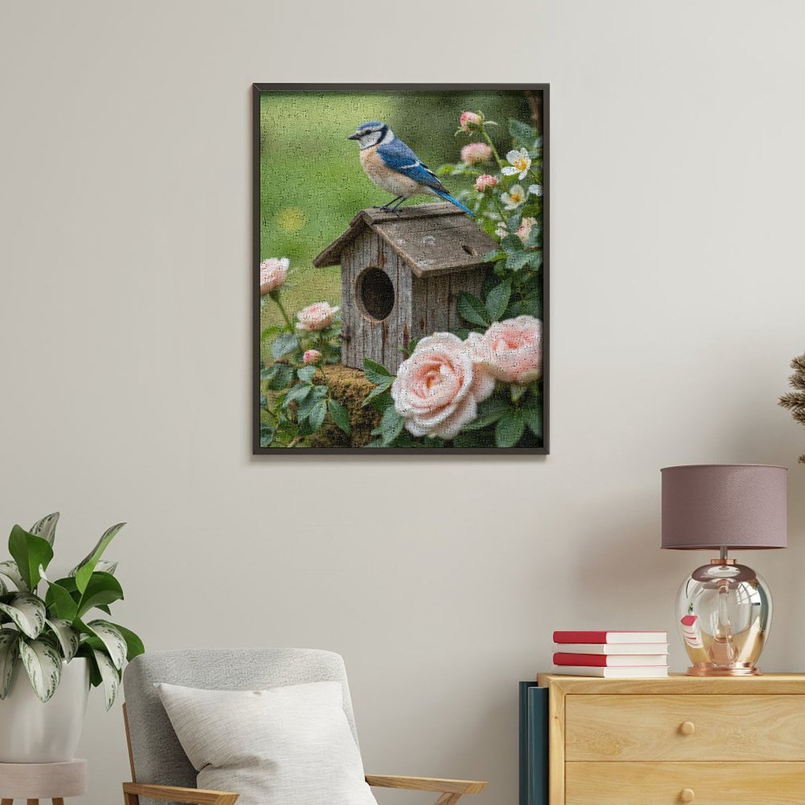 Paint By Numbers Kit for Adults Beginner - DIY Blue Bird Wooden Birdhouse Roses Canvas Painting Kits for Adults, Frameless Paint By Number for Adults for Home Wall Decor 16x20 Inch