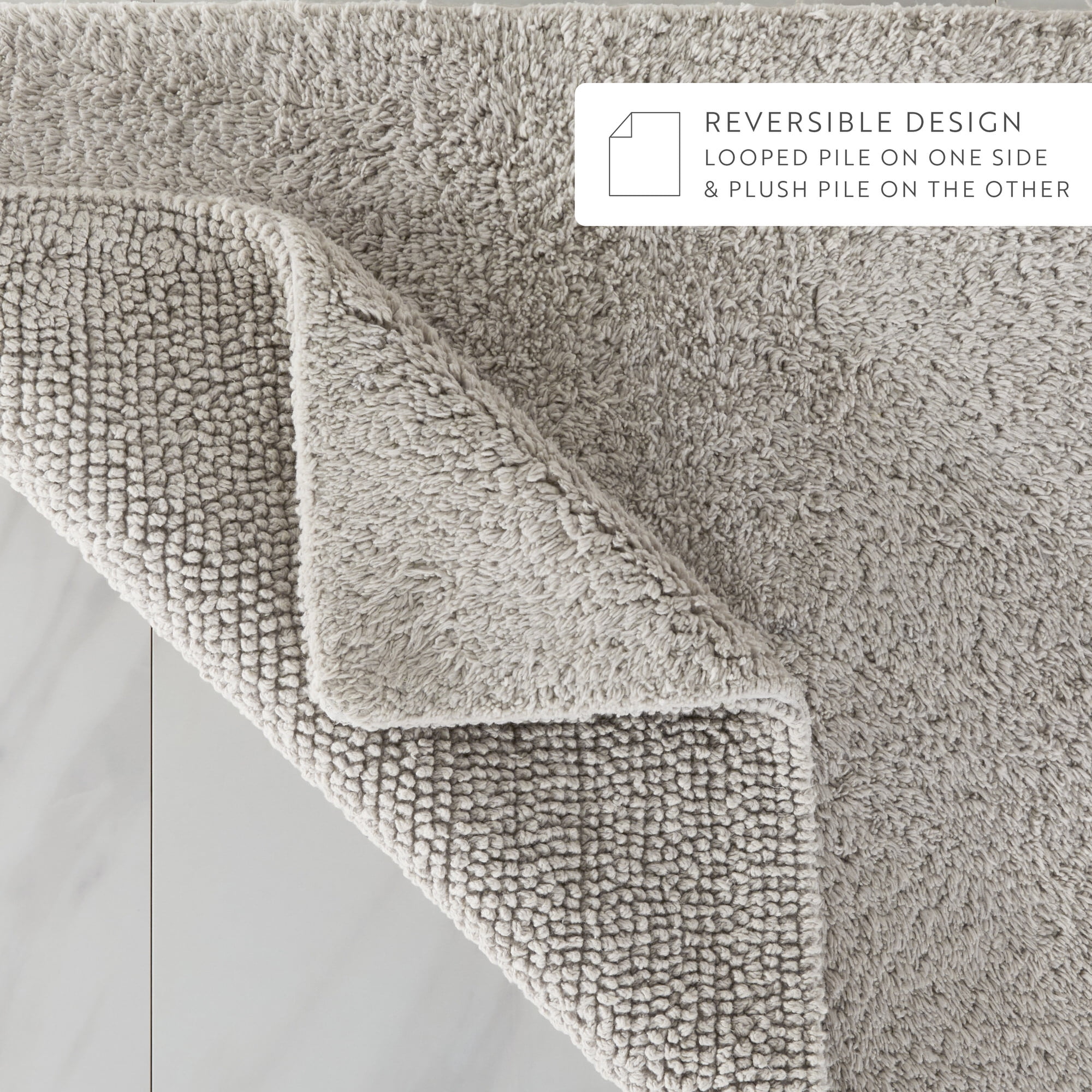 Noble Linens Reversible Dual-Texture Cotton Bath Mat, 34 in x 21 in, Light Gray