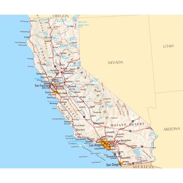 Laminated Map - Large Road Map Of California Sate With Relief And Cities Poster 20 X 30 - Walmart.com