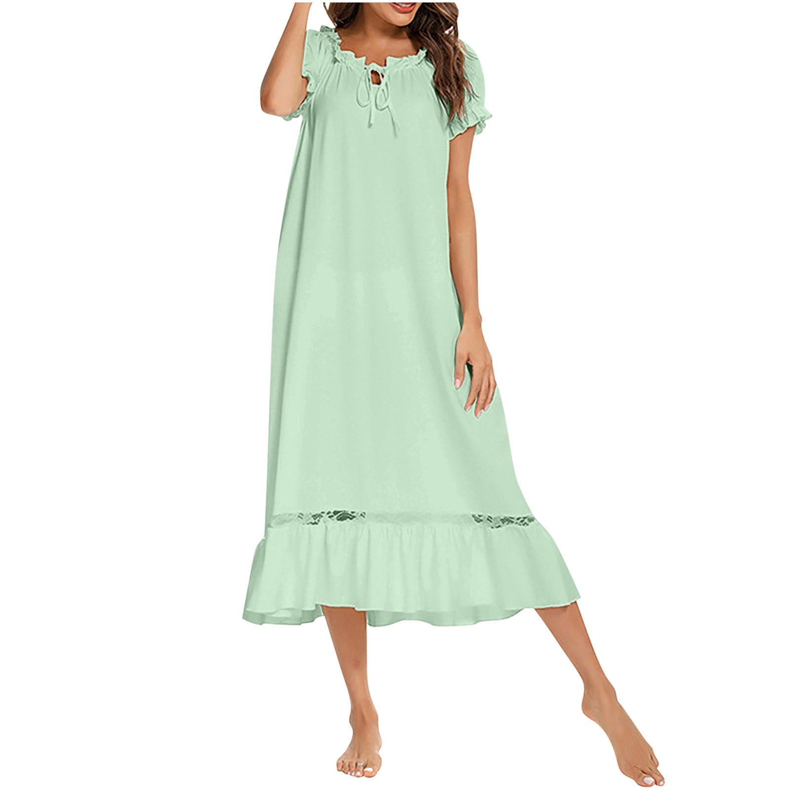 Timegard Women's Sleepwear Scoop Neck Drawstring Ruffle Short Sleeve Lace Sleep Dress Cute Soft Loose Dress