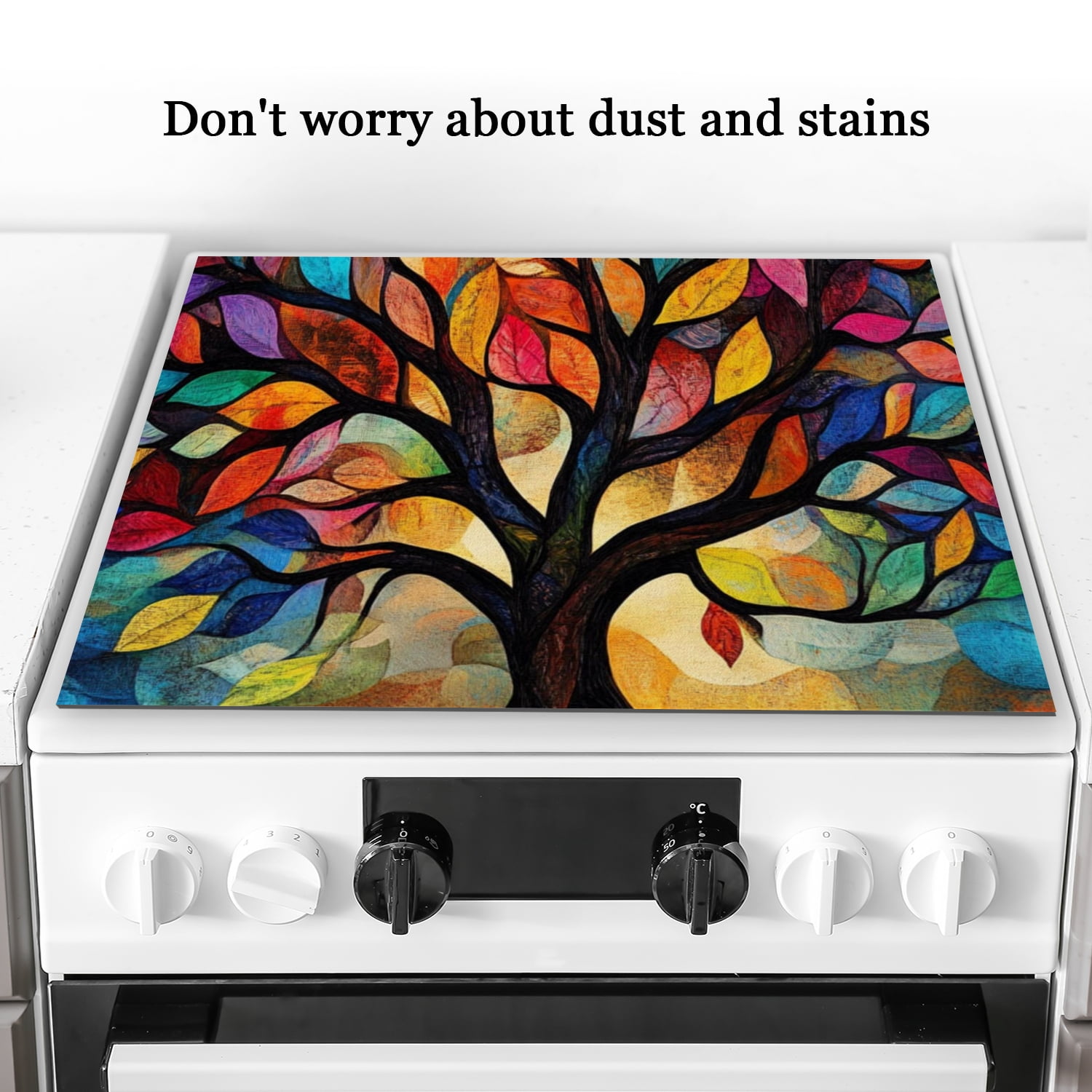 Stovetop Cover for Gas Stove Top, Retro Tree of Life Heat Resistant Stove Burner Covers, Square Washable Glass Induction Cooktop Protector Mat for Kitchen RV (28×20 Inch)