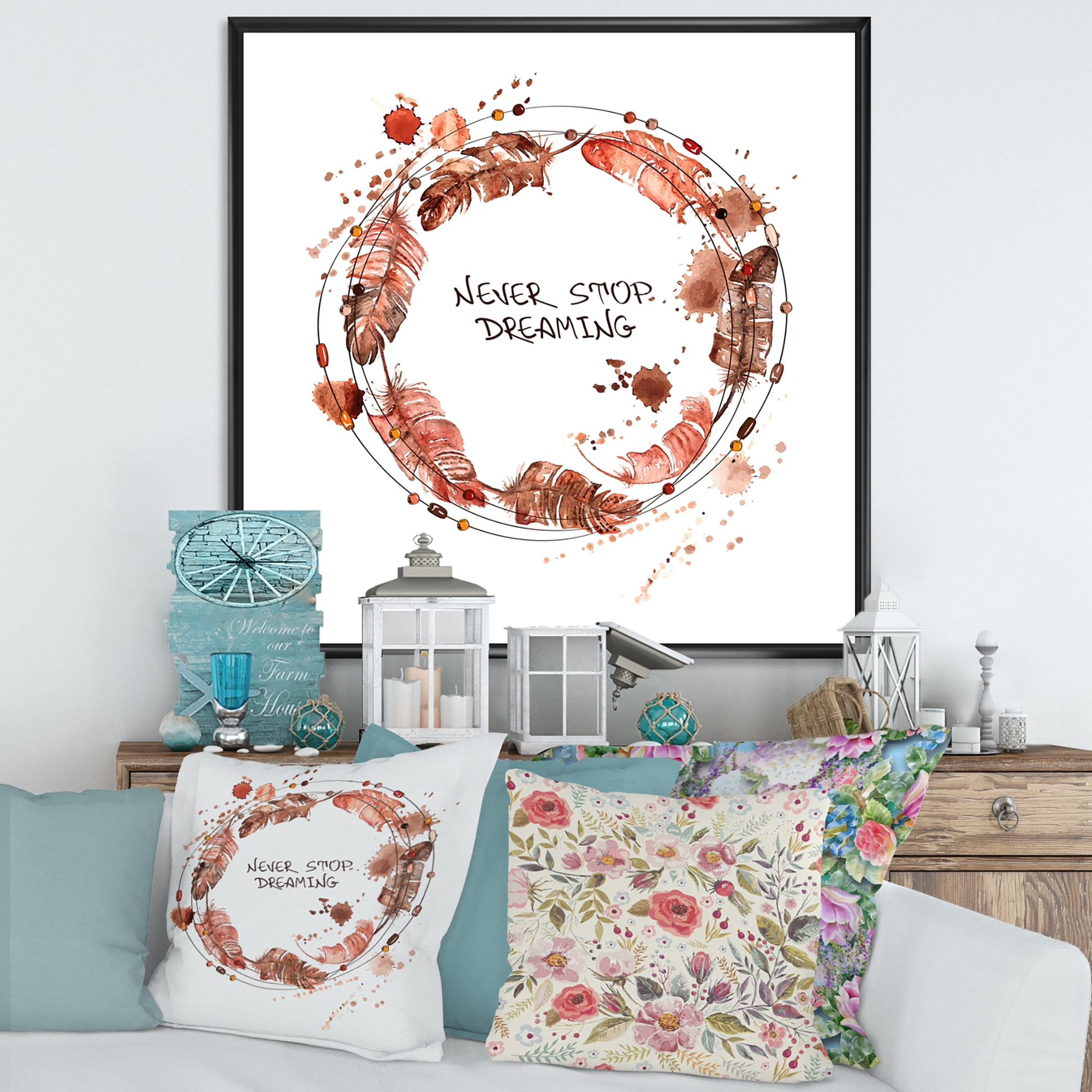 Designart 'Impression Of Bird Feathers Wreath' Traditional Framed Canvas Wall Art Print