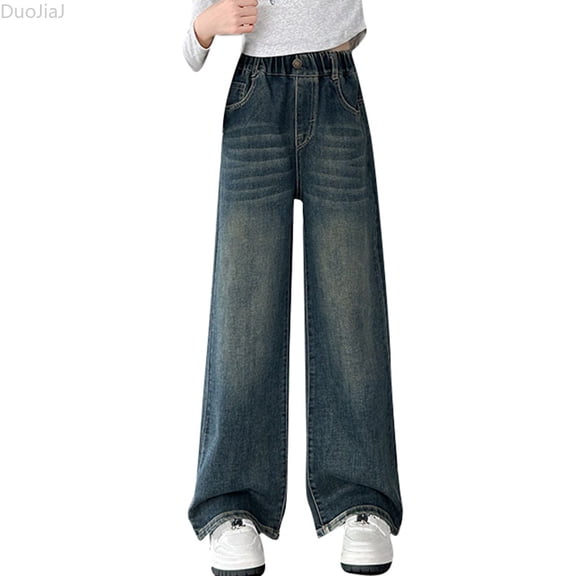 DuoJiaJ Girls Fashion Cute Personality Pants Elastic Waist Wide Leg Jeans Casual Demin Pants With Pockets Girls Light Wash Jeans Size 4-5 Years,Blue