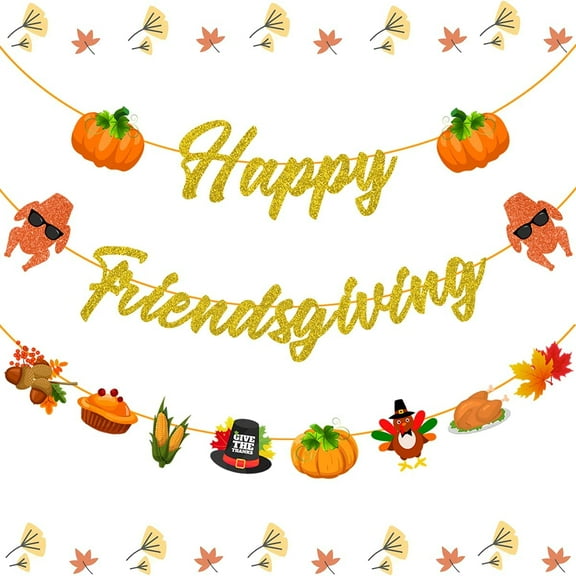 Happy Friendsgiving Banner Glitter - Harvest Party Banner Decorations, Fall Autumn Party Supplies with Maple Leaf Pumpkin Thanksgiving Day Garland for Home Mantle Friends Party Hanging Supplies