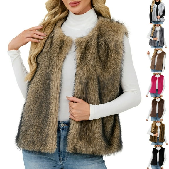 Nfurl Fluffy Fleece Vests for Women Plus Size 2025 Trendy Faux Fur Vest Casual Outerwear Loose Fit Open Front Sleeveless Jackets Fall Outfits Black S