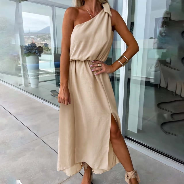 JMKQLZ Robe d'Été Sans Manches à Col Asymétrique pour Femmes, Mode Décontractée, Couleur Unie