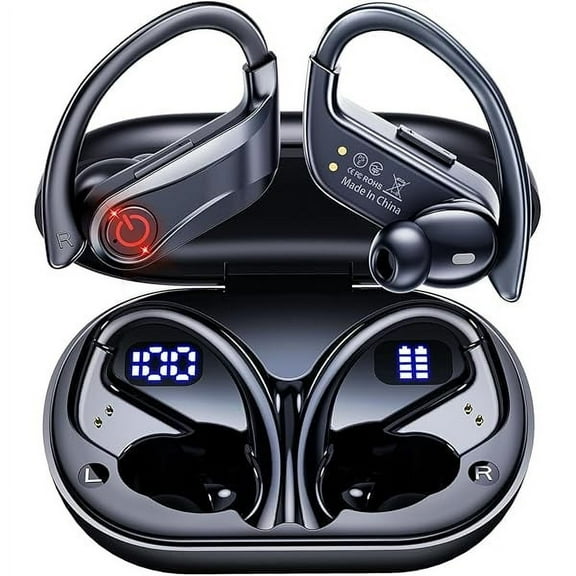 Wireless Earbuds Bluetooth Headphones Sports Over-Ear Bluetooth 5.3 Ear Buds with Earhooks 120H Playtime Wireless Headphones for Workout Waterproof Bluetooth LED Power Display, Black