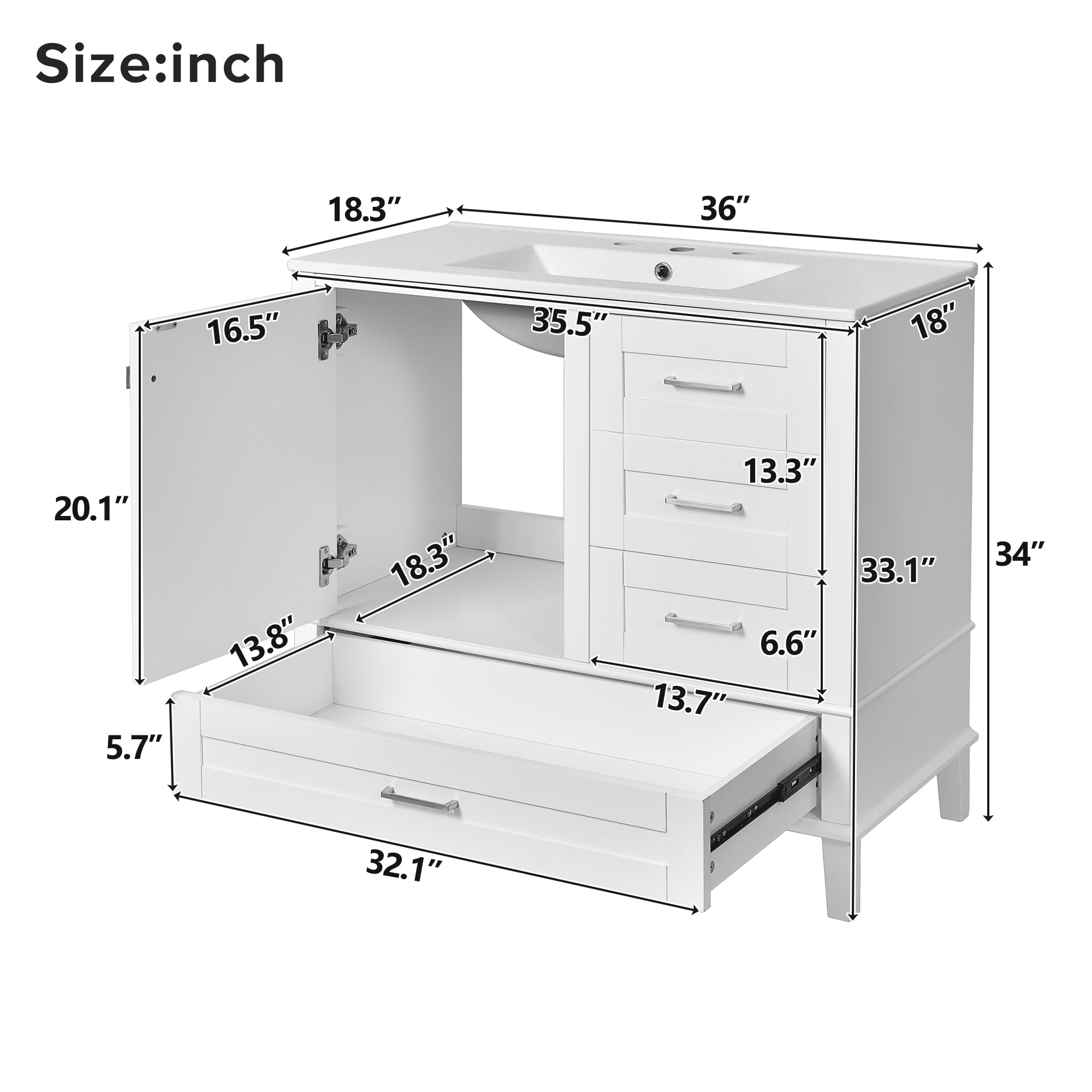 Euroco 36" White Bathroom Vanity with Solid Pine Frame, 1 Soft Close Door and 3 Drawers , Modern Storage Cabinet