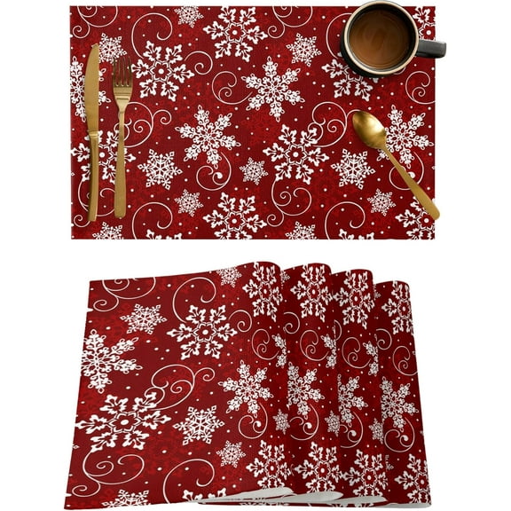 Christmas Placemats Set of 6, Red White Snowflakes Pattern Heat Resistant Washable Table Place Mats Winter Cotton Table Linens Party Holiday Decor for Kitchen Dining Outdoor Indoor