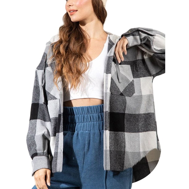 Txlixc Chaqueta a cuadros para mujeres, chaqueta de botón con capucha de manga larga, chaqueta de calle casual Txlixc moda