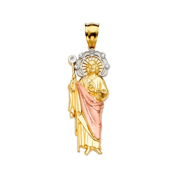 Wellingsale 14k 3 Tri Color White Yellow and Rose Gold San Judas Pendant (Size : 41 x 12 mm)