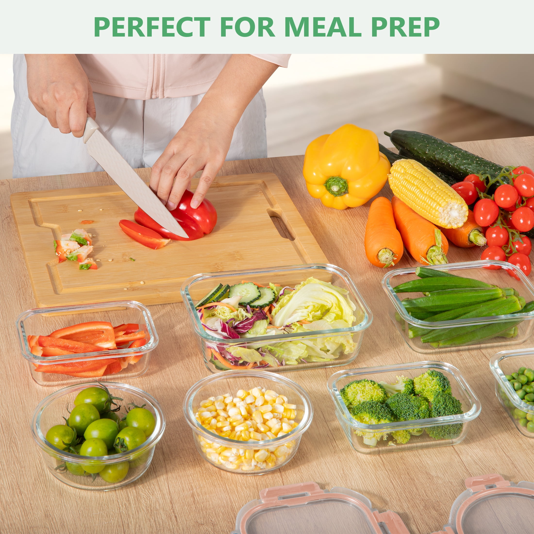 GPED 34-Piece Glass Food Storage Container Set, Glass Meal Prep Containers with Snap-Locking Lids, Glass Lunch Box, Airtight Bento Box, for Microwave, Oven, Freezer, and Dishwasher Safe, Pink