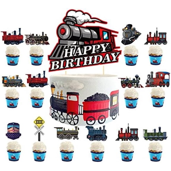 Train Cake Decorations 25 Pcs Cake Topper Cupcake Toppers for Train Party Decorations Retro Train Birthday Supplies Vehicle Decorations