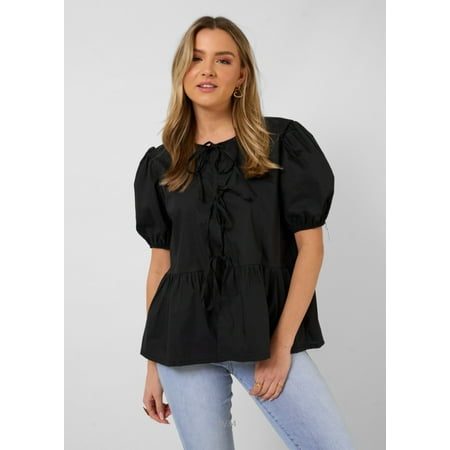Women Bow Tie Front Shirt Top Cute Puff Sleeve Y2K Peplum Ruffle Babydoll Blouse Lace Up Summer Going Out