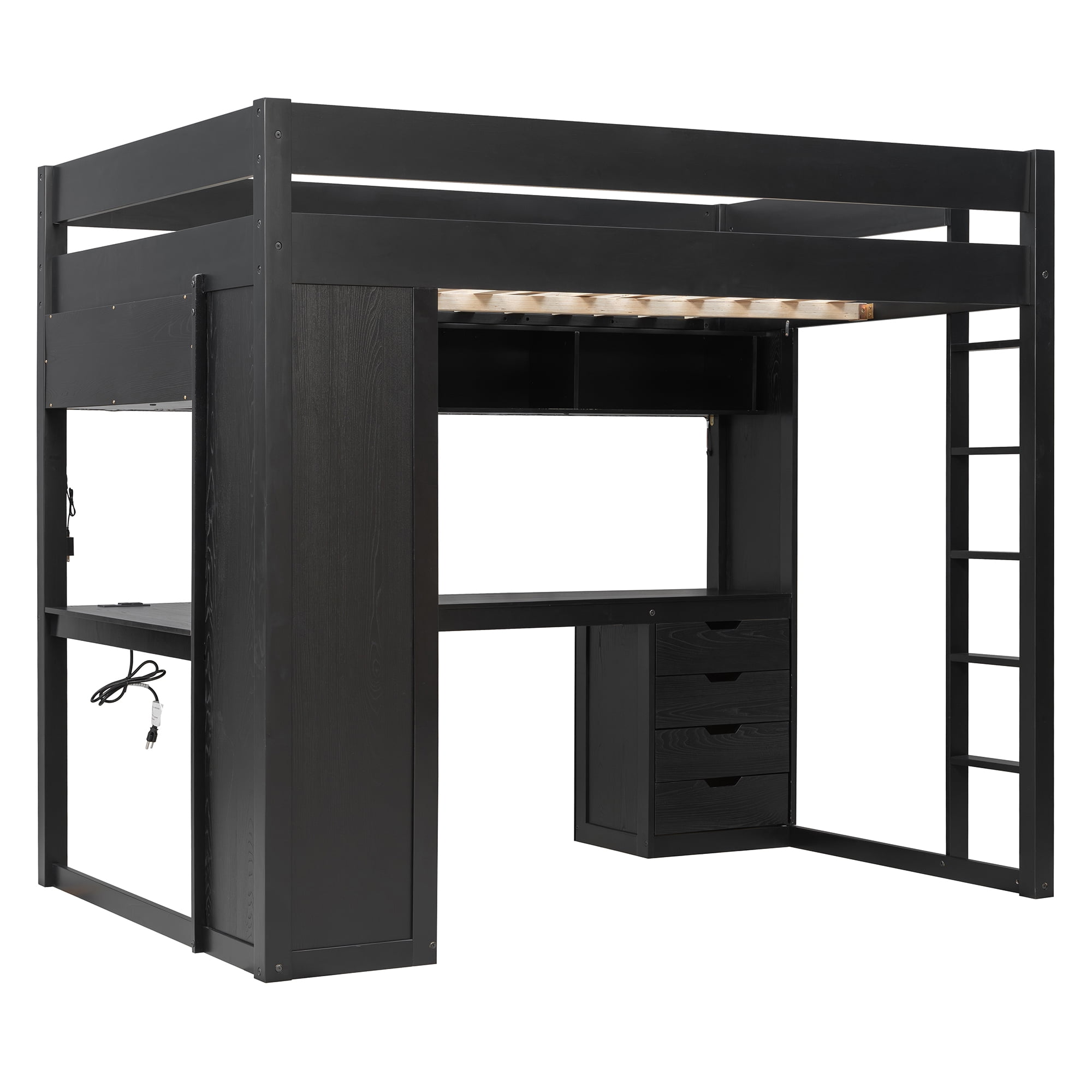Mintazer Full Loft Bed with L-Shaped Desk & Smart LED Lights and Charge Station, Modern Loft Bed with 4 Storage Drawers & Shelves, Black