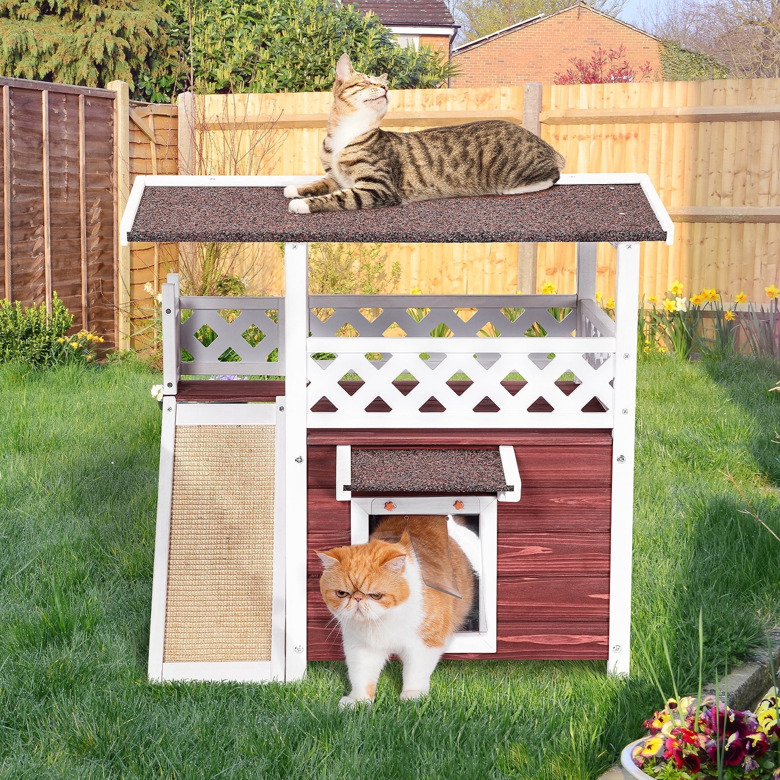 Petsfit 2-Story Outdoor Cat House with Scratching Board & Stairs, Red
