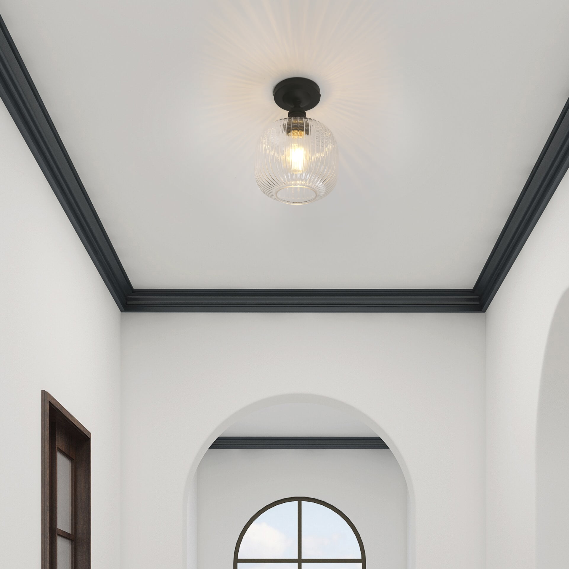 Pathson Industrial Semi Flush Mount Ceiling Light, Ribbed Clear Glass Lampshade Close to Ceiling Light for Living Room Dinning Room Kitchen Porch