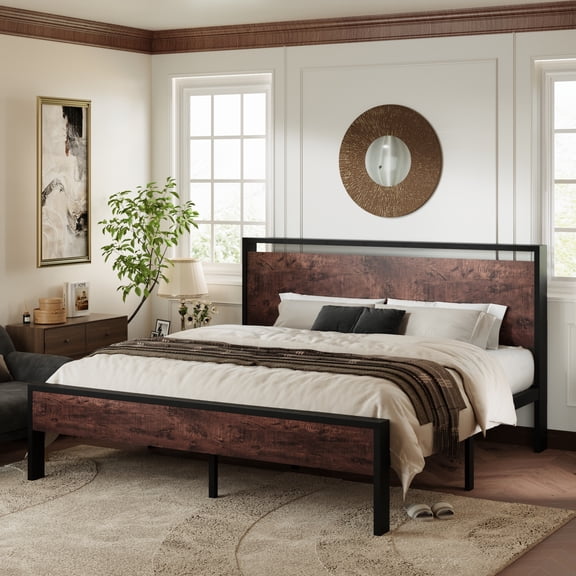 Allewie King Size Bed Frame, Heavy Duty Metal Platform Bed with Wooden Headboard & Footboard, No Box Spring Needed, Mahogany