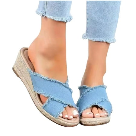 

Women Sandals Clearance 2023! Pejock Women s Platform Wedge Sandals Extremely Comfy Slides Sandals Denim Cross Slope Heel Thick Soled Round Head Beach Slippers Summer Athletic Outdoor Beach Sandals