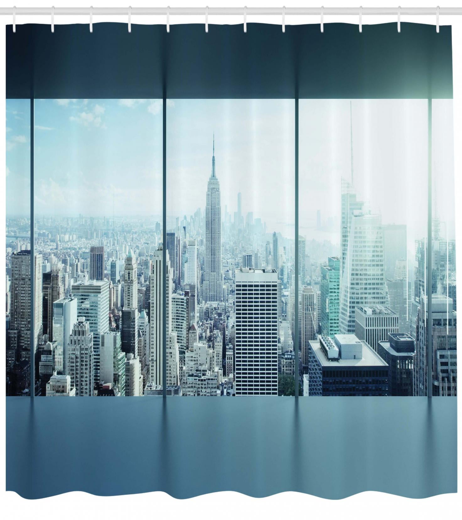 New York Shower Curtain Aerial View Of A Big Crowded Modern City New York Shower Curtain Aerial View Of A Big Crowded Modern City From The Office Buildings Urban Fabric Bathroom Set With Hooks Sky Blue