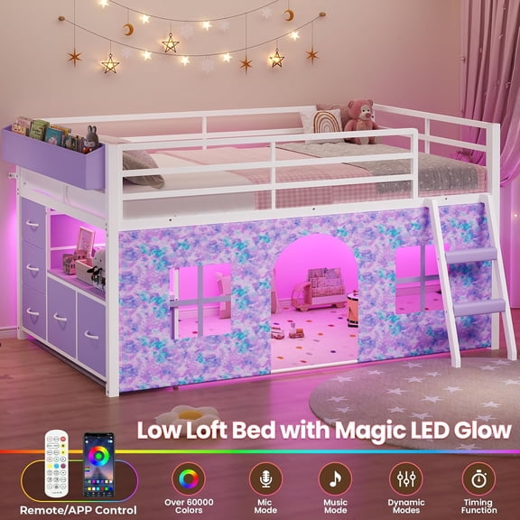 Low Loft Bed Twin With Tent, Led Lights, 5 Storage Drawers, Metal Loft Bed With Bookcase,Under-bed Play Space,13.8''h Guardrail,inclined Ladder,Purple