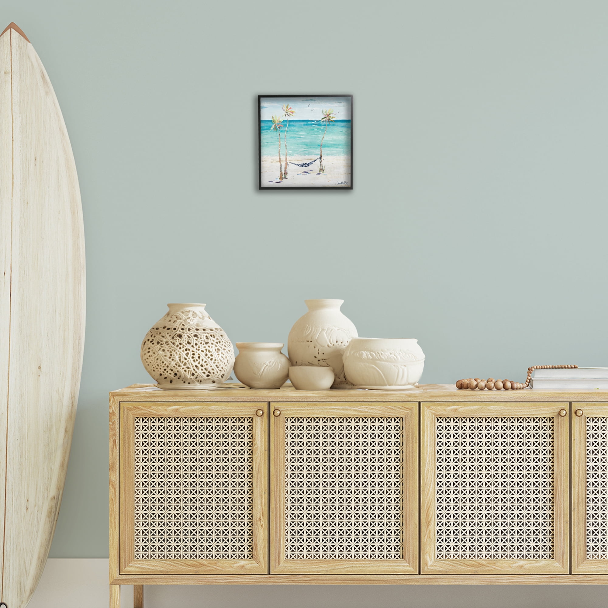 Stupell Industries Hammock & Three Palms Coastal Painting Black Framed Art Print Wall Art, 12 x 12