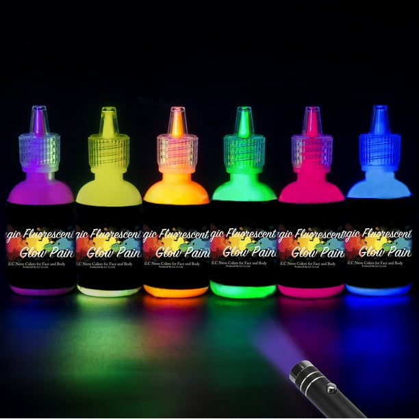 [6 Bottles, 1 oz. Each] Body Paint Glow Blacklight Reactive Neon