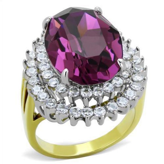 Two-Tone IP Gold (Ion Plating) Stainless Steel Ring with Top Grade Crystal in Amethyst for Women Amethyst Stone Color Style TK1892 Size 10
