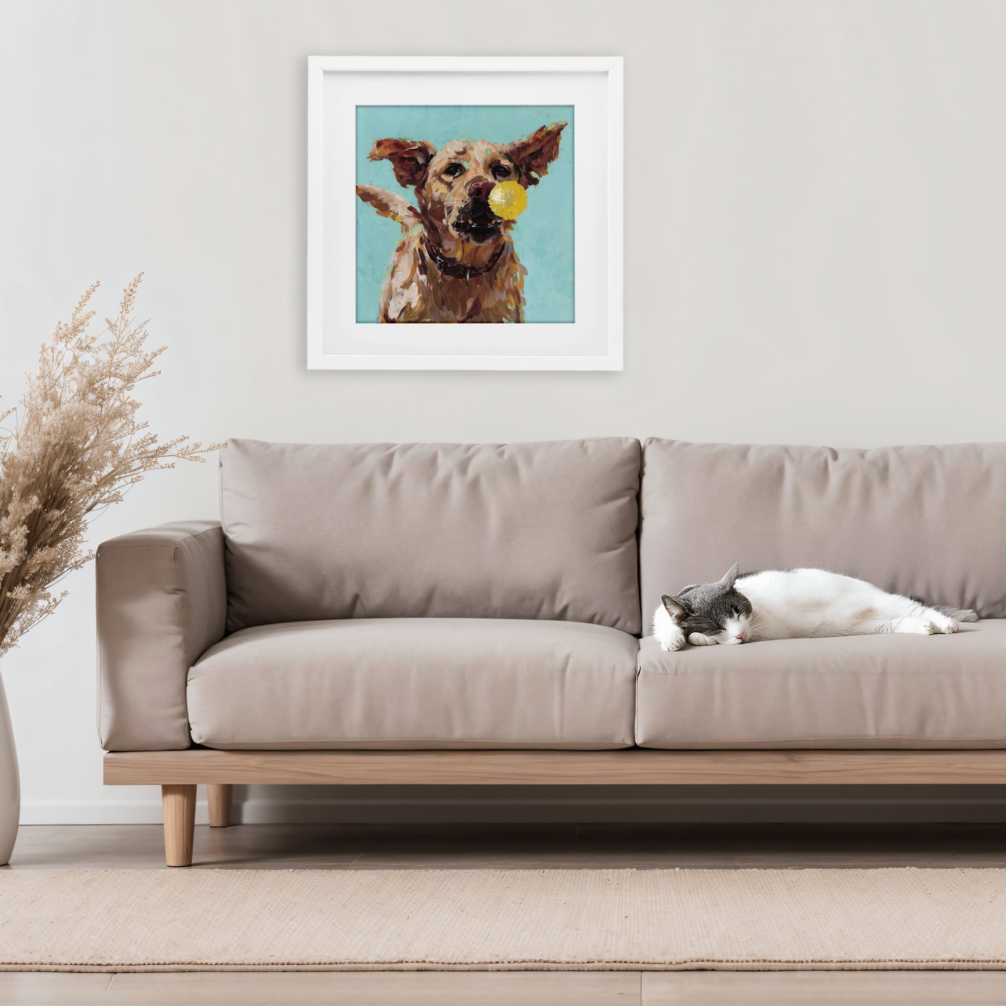 Dog Playing with Ball White Framed Print Under Glass, design by Studio Bautista
