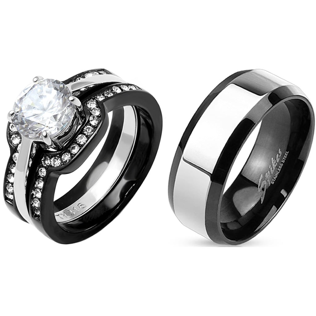 Black TITANIUM Mens Band and 2 pc Womens Engagement Wedding CZ Ring Set His Hers 