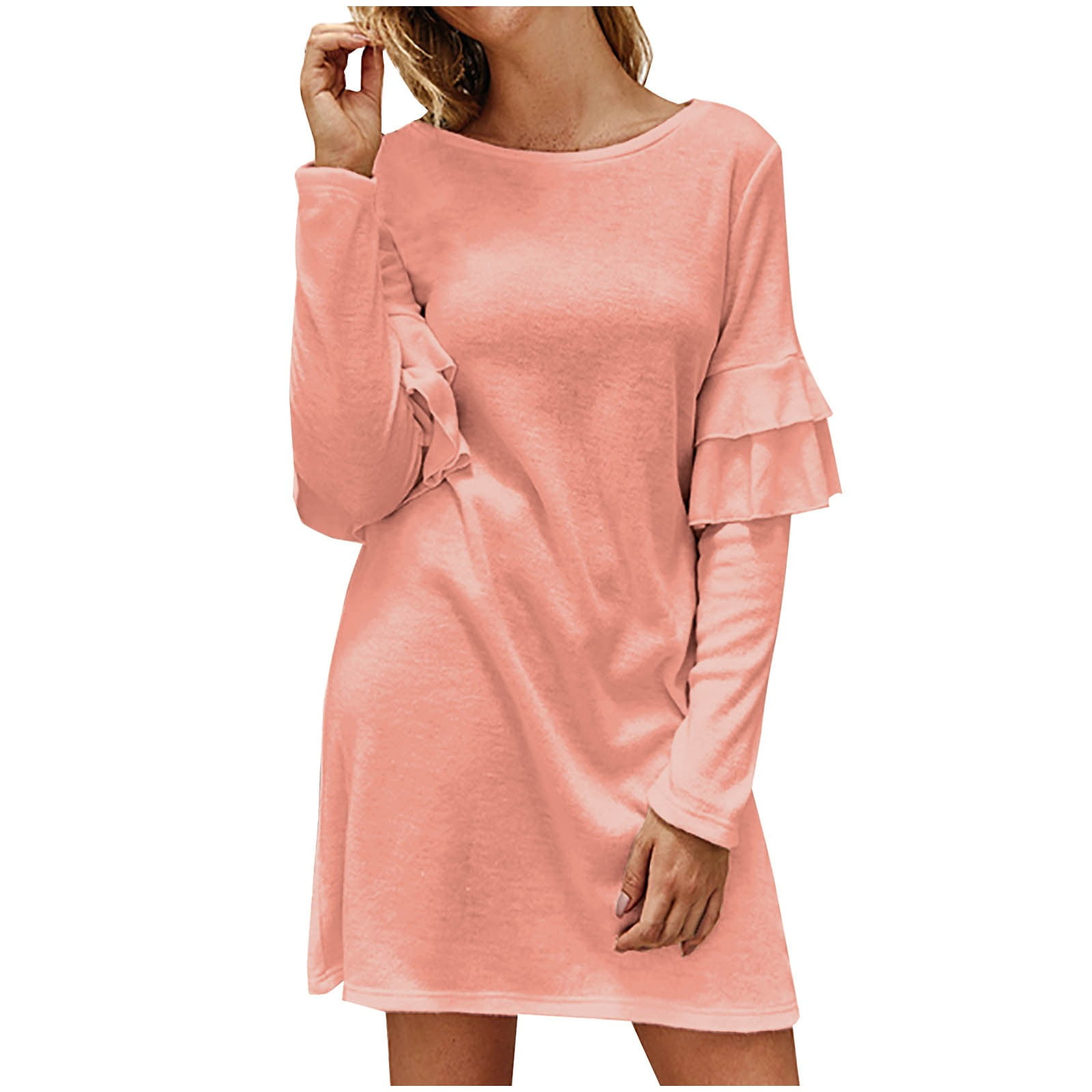 Casual Dresses for Women Crew Neck Ruffle Long Sleeve Dress Solid