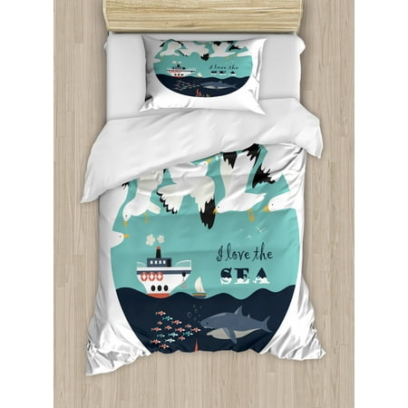 Kids Boys Twin Size Duvet Cover Set I Love The Sea Message With