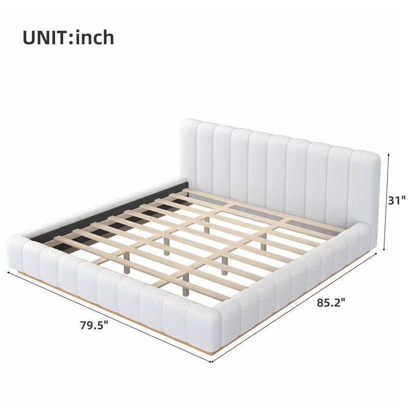 King Size Boucle Upholstered Bed Frame, Low Profile Wooden Platform Bed, No Box Spring Needed Floor Bed with Padded Headboard