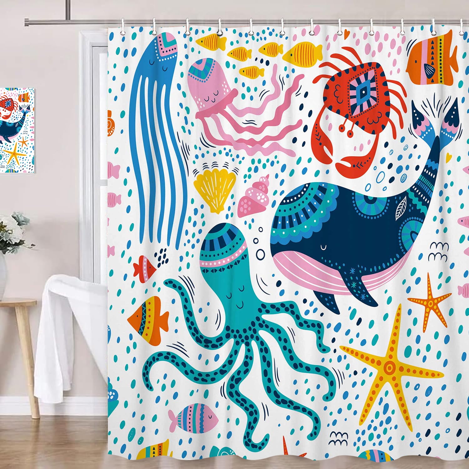Kids Ocean Shower Curtain, Cartoon Cute Whale Octopus Starfish Crab Sealife Under The Sea Shower Curtain Set for Baby Boys Girls, Underwater Fish Animal Shower Curtains Bath Decor with Hooks