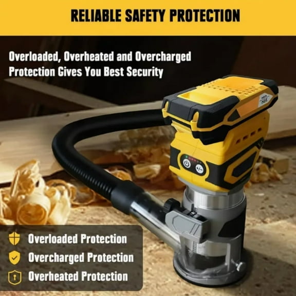 Compact Cordless Handheld Mill - Brushless Motor, 28,000RPM, 1300W, Compatible with DeWalt 20V MAX Batteries (Tool Only), 5 Speed ​​Settings, Fixed Base, Edge and Roller Guides, Includes Dust Cover