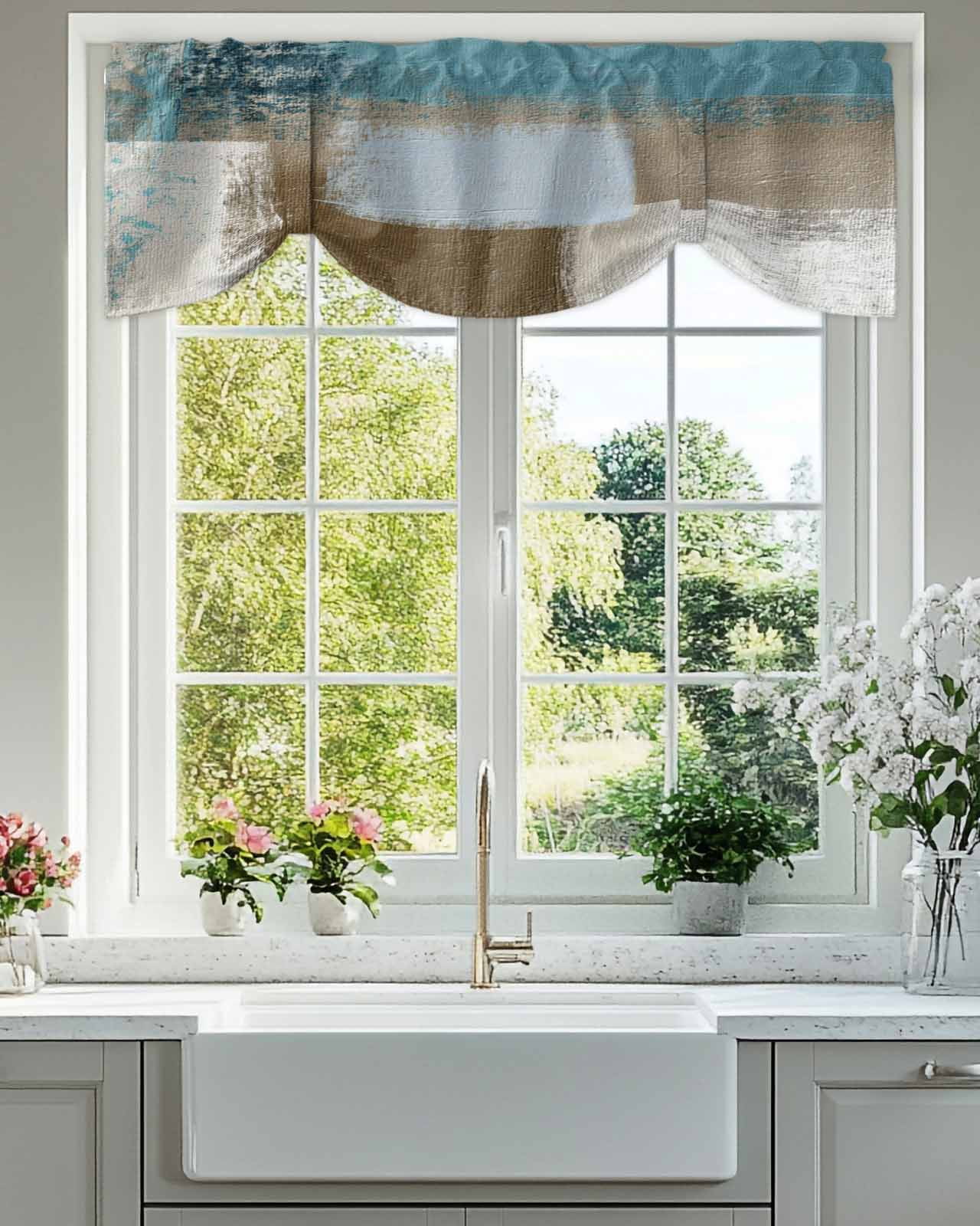 Abstract Mottled Tie Up Valances Curtain, Adjustable Kitchen Teal Brown Vintage Oil Painting Texture Valances for Windows Decor, Rod Pocket Short Curtains Set for Bedroom/Bathroom, 60"x18"