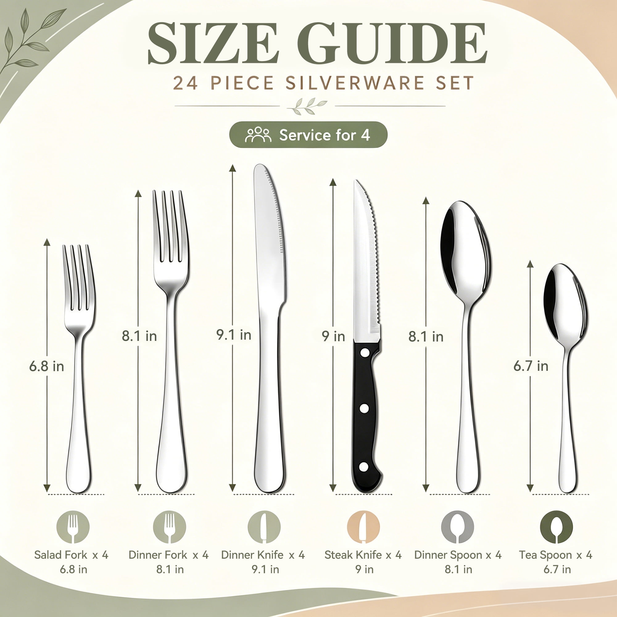 TINANA Silverware Sets, 24 PCS Flatware Set for 4, Stainless Steel Cutlery Utensil Set with Steak Knives Mirror Polished Forks and Spoons, Silver