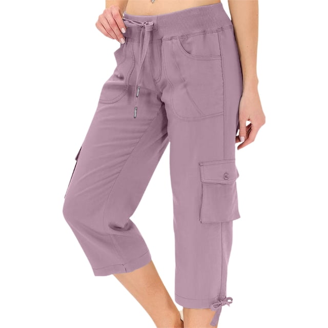 Moxiu Pantalon Capri Cargo Léger pour Femmes 2025 à Séchage Rapide, Pantalon de Randonnée d'Extérieur à Cordon, Pantalon Capri avec Poches, Pantalon de Voyage Rose, m